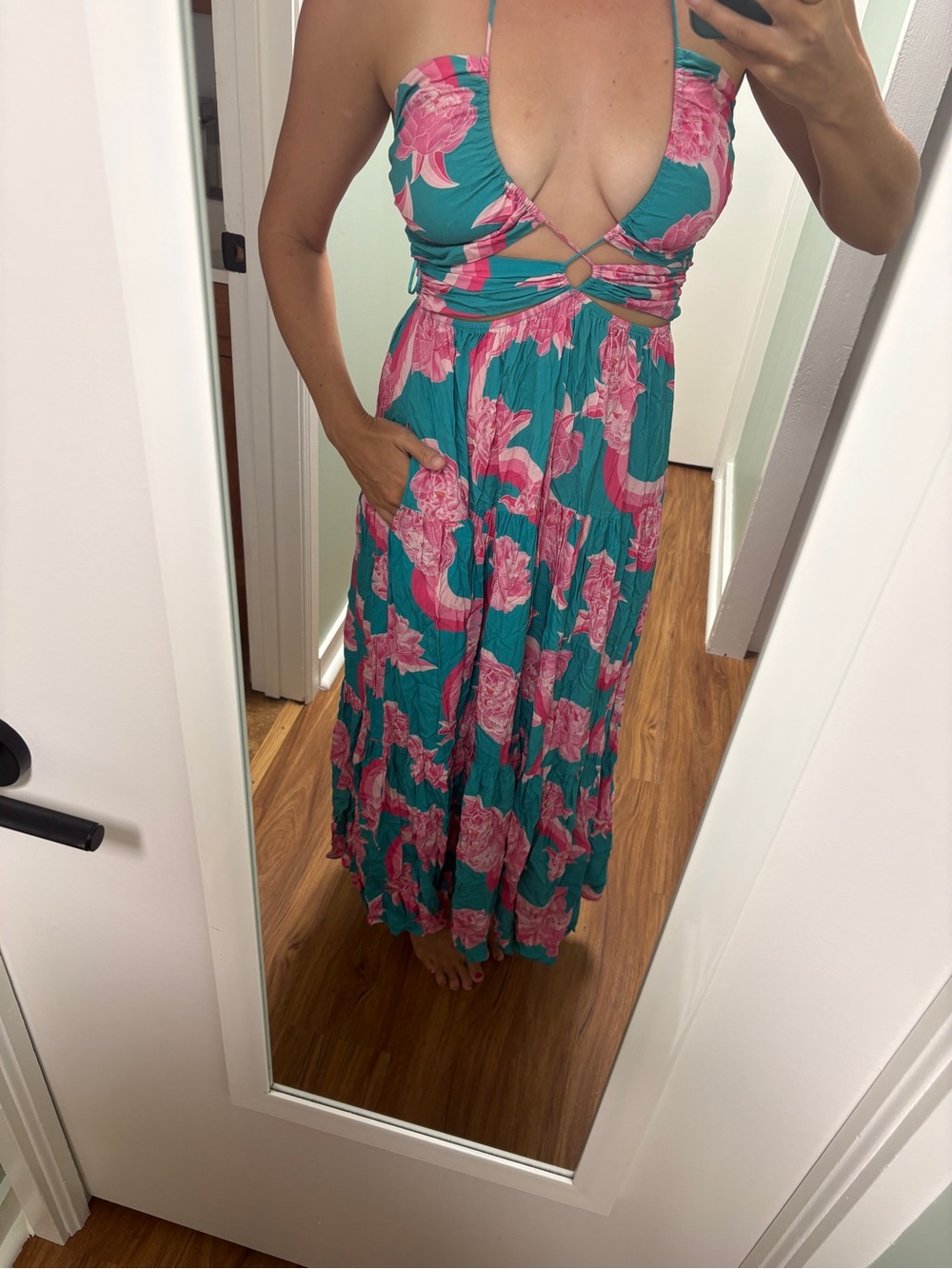 Fighting Eel Teal and Pink Floral Halter Maxi Dress